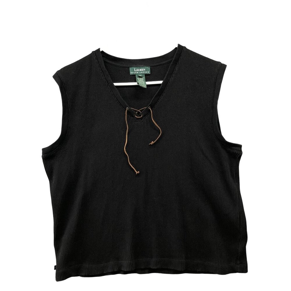 Lauren Ralph Lauren Sleeveless Ribbed Sweater‎ Womens XL Black Lace Up V-Neck
